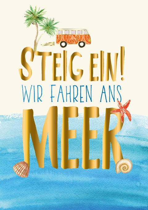 Postkarte Vanlife & Palme – Strandabenteuer, Sonnenuntergang, Meerweh, Entspannung am Küstenstrand