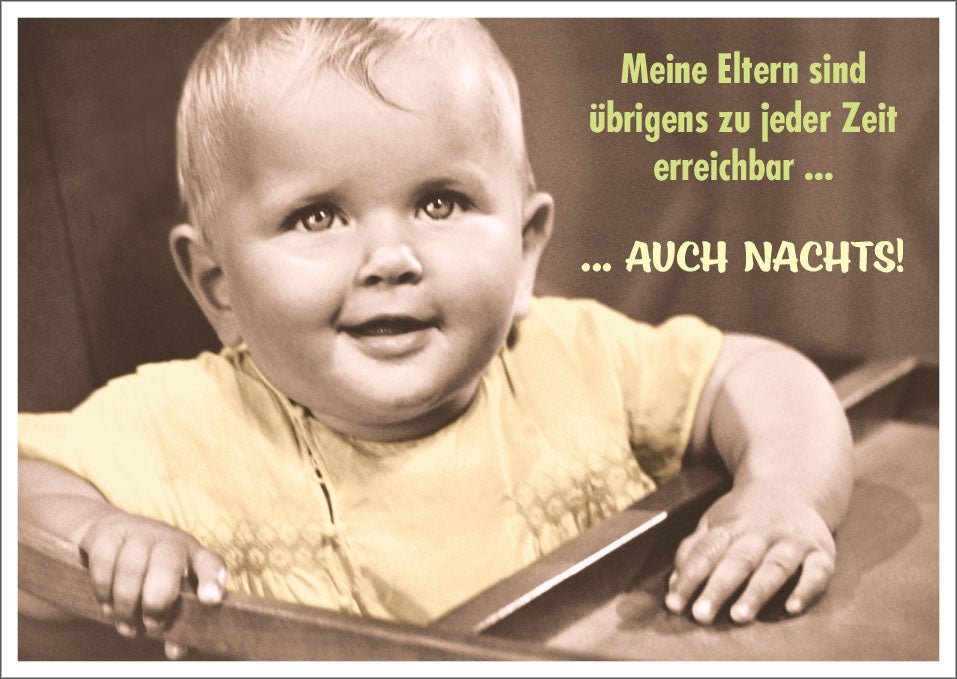 Postkarte zur Geburt - Humorvoller Spruch für Eltern, Vintage Sepia Design, Unruhige Nächte Thema