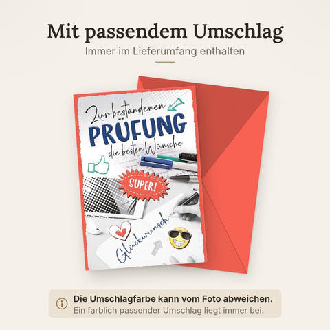Prüfung Glückwunschkarte – Bunte Symbole mit Tablet und Stiften im modernen Design