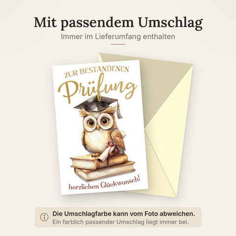 Prüfung Glückwunschkarte – Eule mit Doktorhut auf Büchern in Aquarellstil