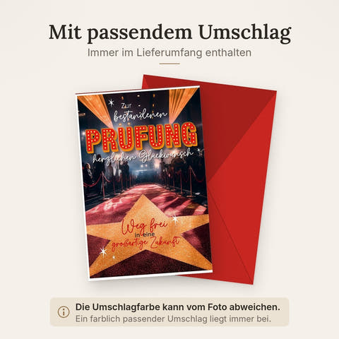 Prüfung Glückwunschkarte – Roter Teppich mit leuchtendem Stern und Glamour-Design