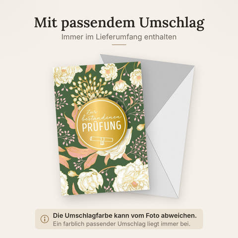 Prüfungsglückwunschkarte - Stilvolle Karte mit Goldakzenten und grünen Blüten zum Prüfungserfolg