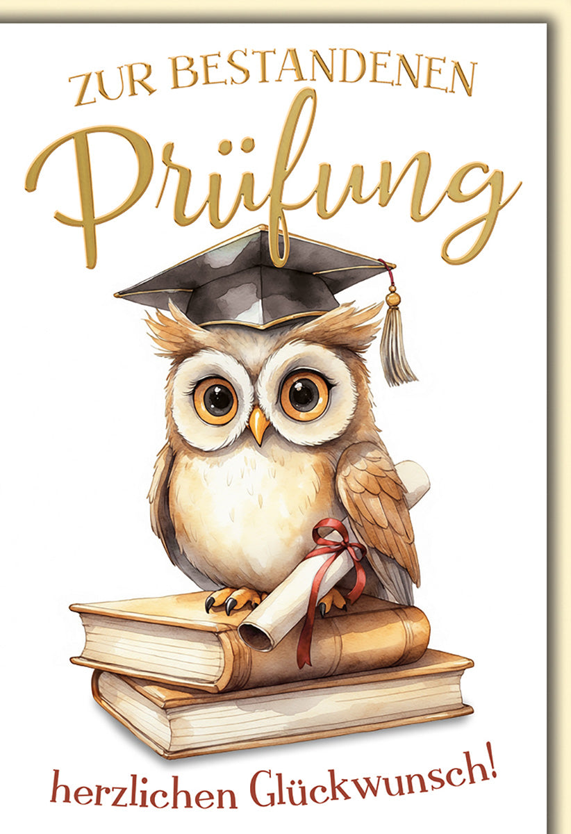 Prüfung Glückwunschkarte – Eule mit Doktorhut auf Büchern in Aquarellstil
