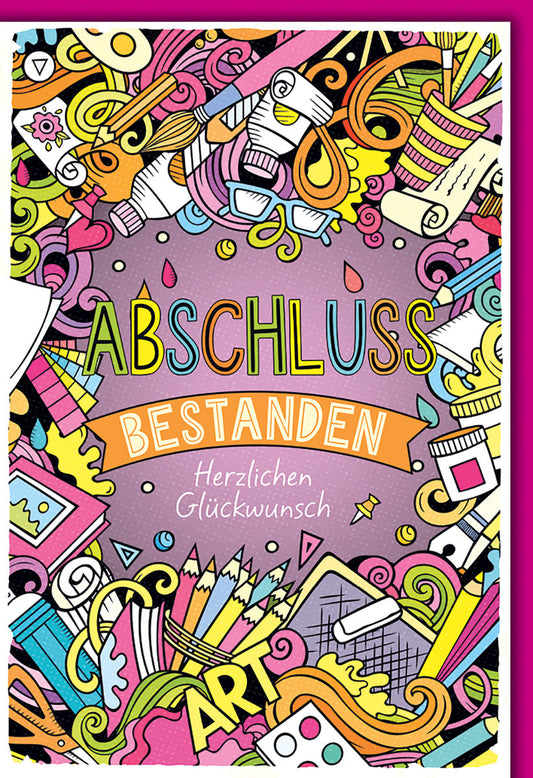 Prüfung Glückwunschkarte – Buntes Kunstmotiv mit kreativen Symbolen und Schriftzug