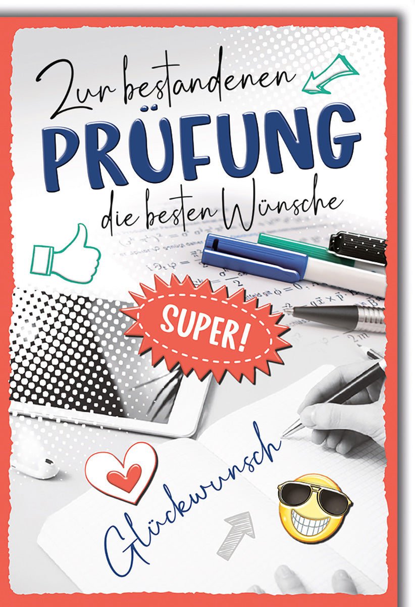 Prüfung Glückwunschkarte – Bunte Symbole mit Tablet und Stiften im modernen Design