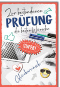 Prüfung Glückwunschkarte – Bunte Symbole mit Tablet und Stiften im modernen Design
