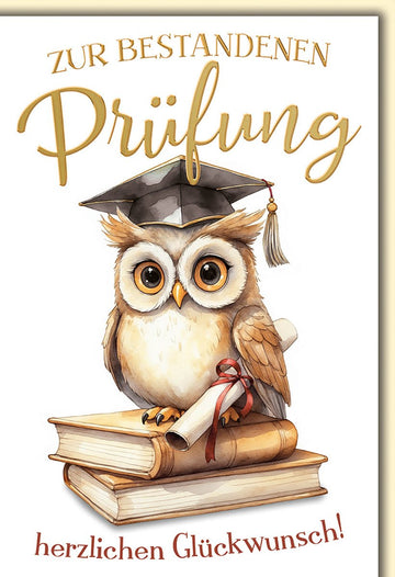 Prüfung Glückwunschkarte – Eule mit Doktorhut auf Büchern in Aquarellstil