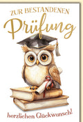 Prüfung Glückwunschkarte – Eule mit Doktorhut auf Büchern in Aquarellstil