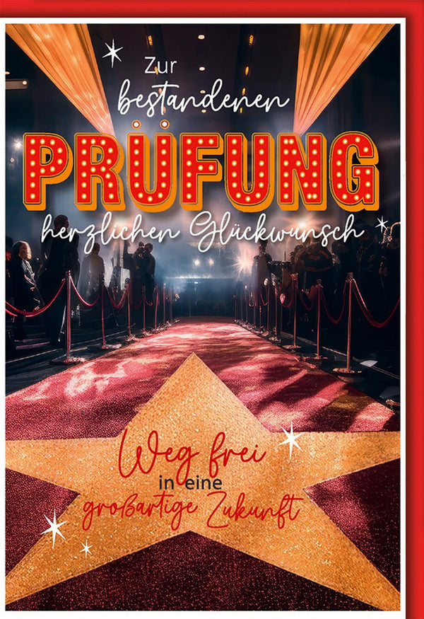 Prüfung Glückwunschkarte – Roter Teppich mit leuchtendem Stern und Glamour-Design