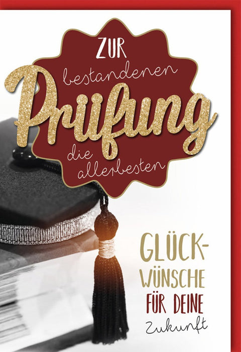 Prüfungsglückwunschkarte mit Glitzer - Doktorhut in Rot & Gold - Elegante Grüße für Erfolg und Zukunft