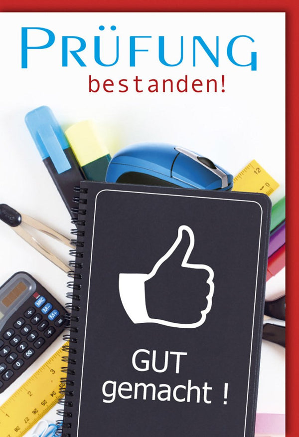 Prüfungsglückwunschkarte: Motiv 'Daumen hoch' & Taschenrechner für Schule & Uni-Erfolg