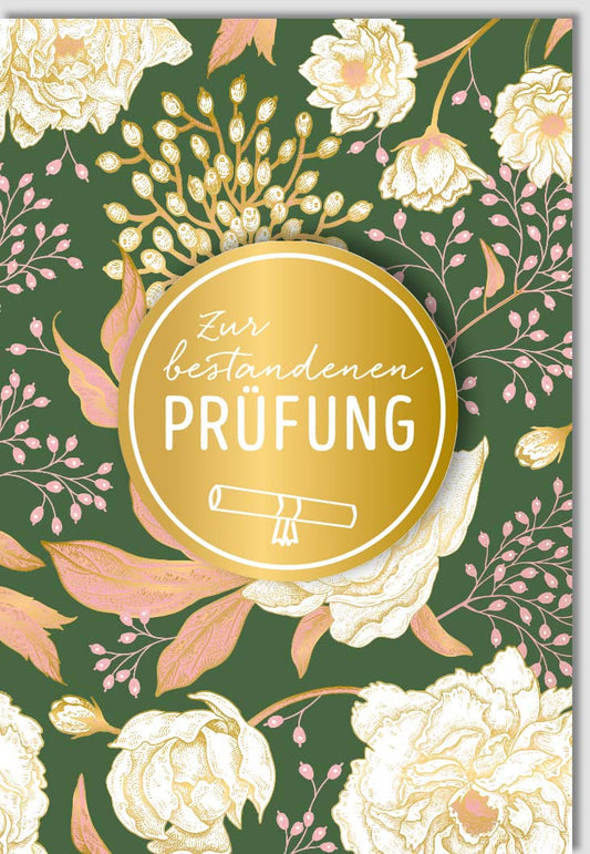 Prüfungsglückwunschkarte - Stilvolle Karte mit Goldakzenten und grünen Blüten zum Prüfungserfolg