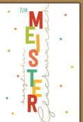 Prüfungskarte Meister – Bunte Buchstaben im modernen Design mit Glückwunschtext