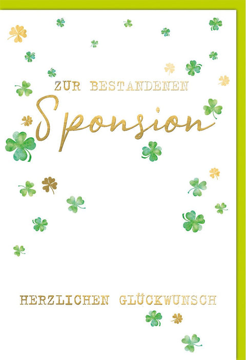 Prüfungskarte Sponsion – Goldene Schrift mit grünen Kleeblättern auf weißem Hintergrund