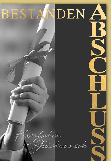 Prüfungskarte: Stilvolle Glückwunschkarte zum Abschluss mit Diplom - Motiv in Schwarz - Weiß und goldenen Akzenten