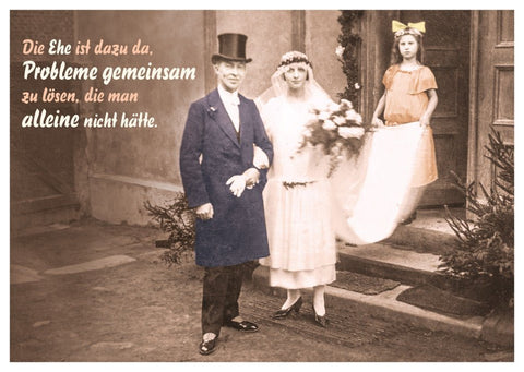 Retro Hochzeitskarte mit Humor, Vintage Postkarte für Brautpaar, Lustige Ehe - Sprüche