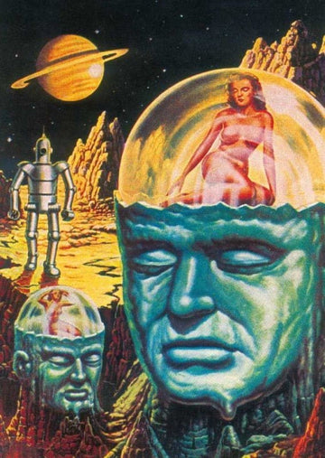 Retro Sci - Fi Postkarte – Vintage Planeten & Roboter Illustration, Futuristische Kunst mit Frau, Fantasievolles Design