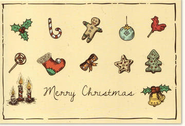 Retro Weihnachtskarte im Vintage Stil - Nostalgische Symbole wie Lebkuchenmann, Tannenbaum & Schneeflocken für festliche Grüße und Dekoration
