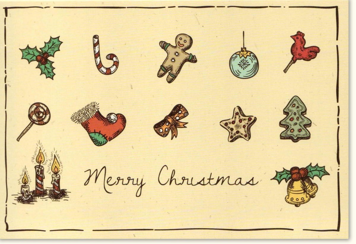 Retro Weihnachtskarte im Vintage Stil - Nostalgische Symbole wie Lebkuchenmann, Tannenbaum & Schneeflocken für festliche Grüße und Dekoration