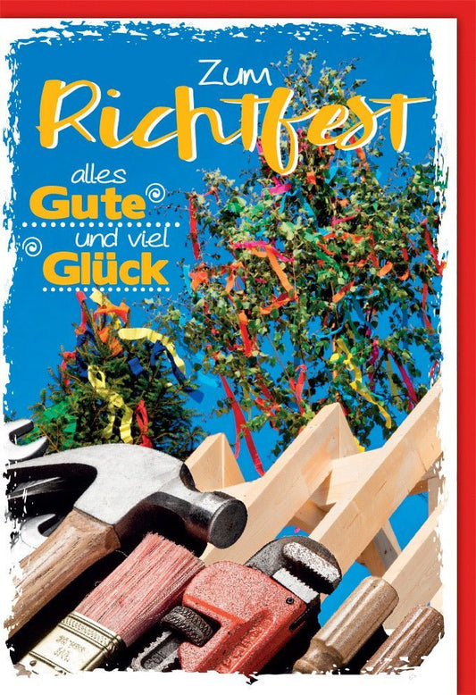 Richtfestkarte - Gratulation zum Baufortschritt, Umzug ins neue Heim mit Baum & Werkzeug Motiven