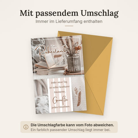 Ruhestandskarte Elegant – Offenes Buch mit Trockenblumen und inspirierendem Zitat
