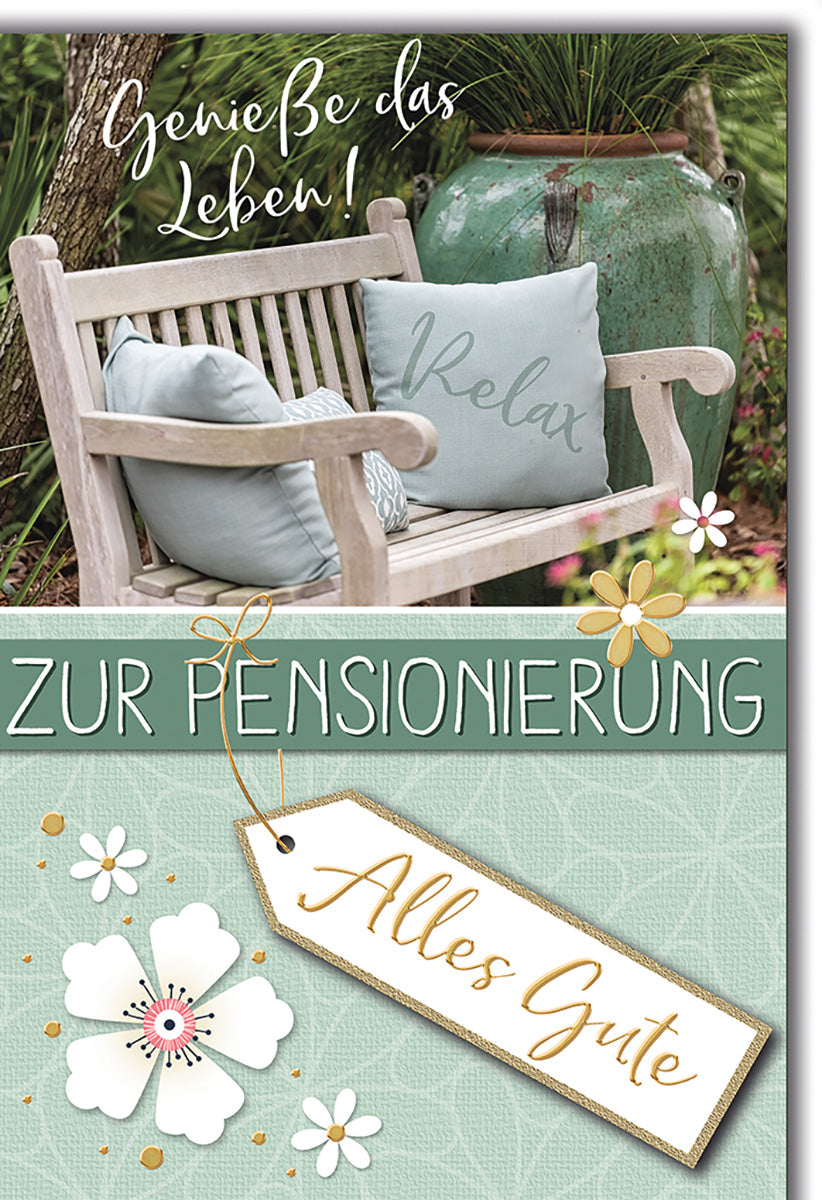 Ruhestandskarte Entspannung – Gartenbank mit Kissen und Blumen in sanften Farben