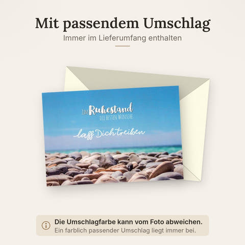 Ruhestandskarte – Entspannende Wünsche zum Neuanfang am Meer mit Kieselstein-Design, Perfekt für den Beginn der Pensionierung