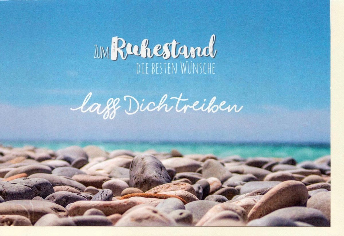 Ruhestandskarte – Entspannende Wünsche zum Neuanfang am Meer mit Kieselstein - Design, Perfekt für den Beginn der Pensionierung