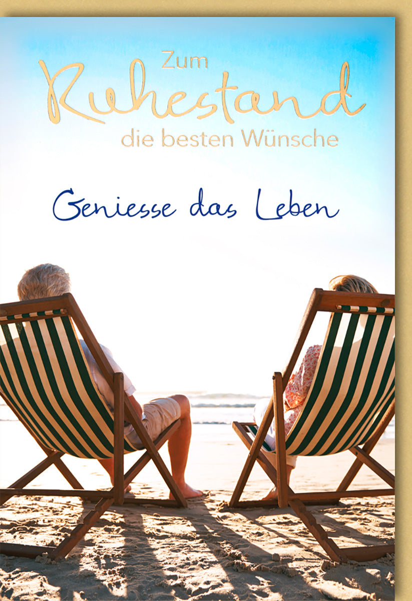 Ruhestandskarte Strand – Sonnenuntergang mit Liegestühlen und entspannter Atmosphäre