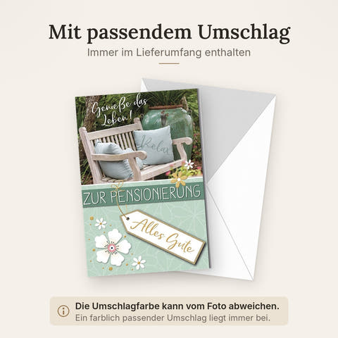 Ruhestandskarte Entspannung – Gartenbank mit Kissen und Blumen in sanften Farben
