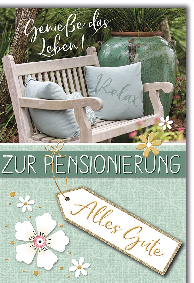 Ruhestandskarte Entspannung – Gartenbank mit Kissen und Blumen in sanften Farben