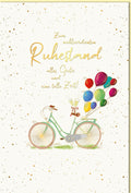 Ruhestandskarte mit Fahrrad und bunten Luftballons liebevolle Glückwunschkarte zum Ruhestand mit Goldschrift und Sektgläsern