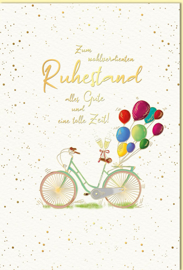 Ruhestandskarte mit Fahrrad und bunten Luftballons liebevolle Glückwunschkarte zum Ruhestand mit Goldschrift und Sektgläsern