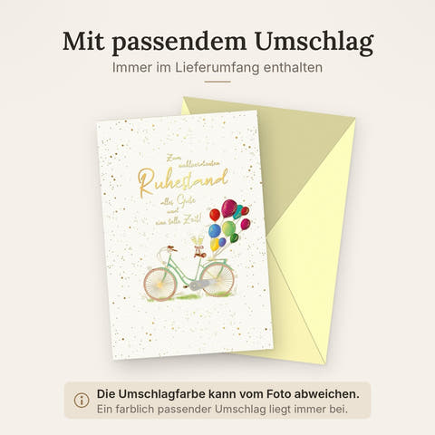 Ruhestandskarte mit Fahrrad und bunten Luftballons liebevolle Glückwunschkarte zum Ruhestand mit Goldschrift und Sektgläsern
