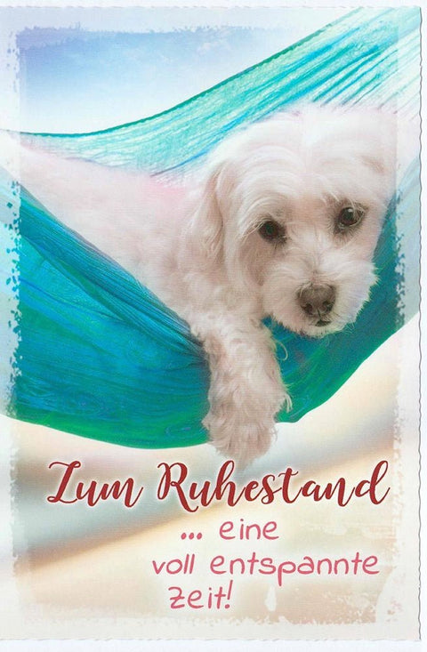 Ruhestandskarte mit Hund in Hängematte für entspannte Zeit, liebevoll gestaltete Grußkarte zum Ruhestand, Doppelkarte Abschied Rente