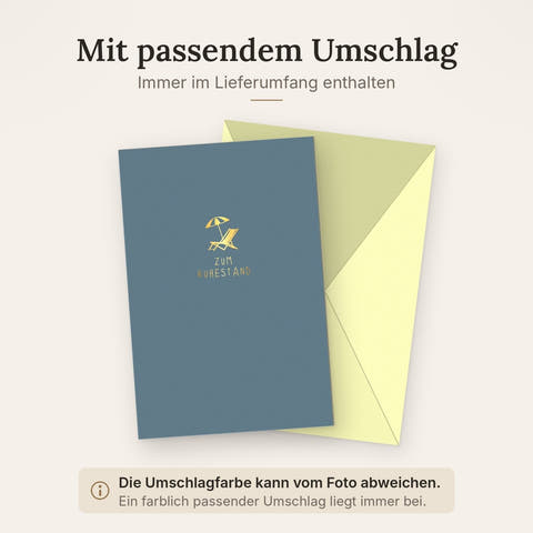 Ruhestandskarte mit Liegestuhl und Sonnenschirm in Goldprägung auf blauem Hintergrund stilvolle Karte zum Abschied in den Ruhestand