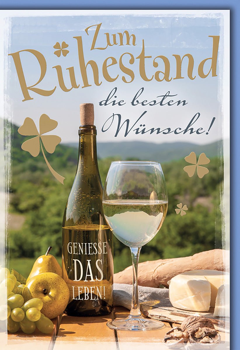 Ruhestandskarte Natur – Weinflasche mit Käse und Obst im malerischen Landschaftsdesign