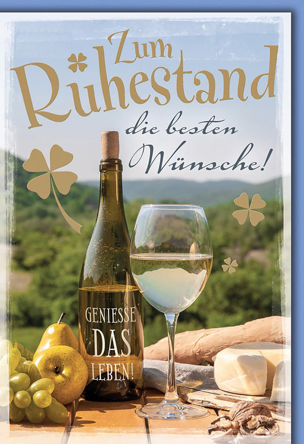 Ruhestandskarte Natur – Weinflasche mit Käse und Obst im malerischen Landschaftsdesign