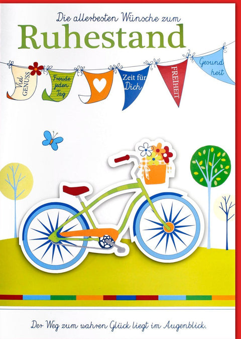 Ruhestandskarte XXL A4 - Farbenfrohe Fahrrad - Motive mit Wimpelkette und Naturdesign für herzliche Abschiedsgrüße zur Rente