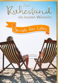 Ruhestandskarte XXL A4 - Strandmotiv mit Liegestühlen, Wünsche zur Entspannung und Erholung im Ruhestand, Sonnenuntergangsdesign