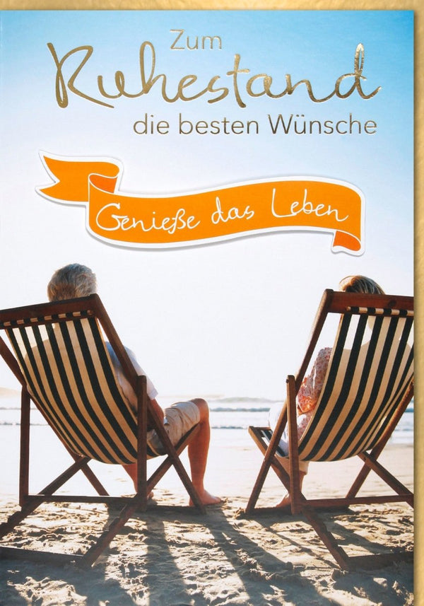 Ruhestandskarte XXL A4 - Strandmotiv mit Liegestühlen, Wünsche zur Entspannung und Erholung im Ruhestand, Sonnenuntergangsdesign