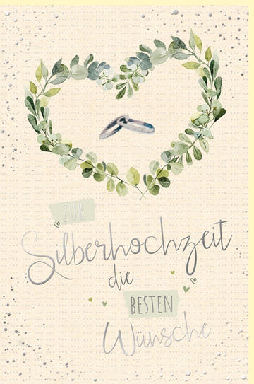 Silberhochzeit Glückwunschkarte - Stilvolle Karte aus Zuckerrohrpapier mit Ringen, Herz & Blättern für das 25 - jährige Ehejubiläum in Grün - Weiß