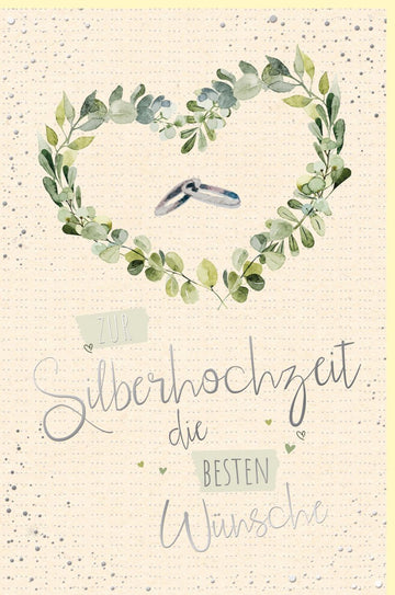 Silberhochzeit Glückwunschkarte - Stilvolle Karte aus Zuckerrohrpapier mit Ringen, Herz & Blättern für das 25 - jährige Ehejubiläum in Grün - Weiß