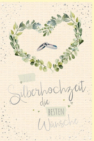 Silberhochzeit Glückwunschkarte - Stilvolle Karte aus Zuckerrohrpapier mit Ringen, Herz & Blättern für das 25-jährige Ehejubiläum in Grün-Weiß