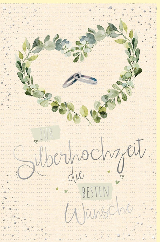 Silberhochzeit Glückwunschkarte - Stilvolle Karte aus Zuckerrohrpapier mit Ringen, Herz & Blättern für das 25 - jährige Ehejubiläum in Grün - Weiß