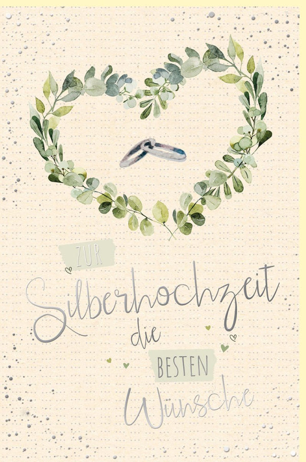 Silberhochzeit Glückwunschkarte - Stilvolle Karte aus Zuckerrohrpapier mit Ringen, Herz & Blättern für das 25-jährige Ehejubiläum in Grün-Weiß