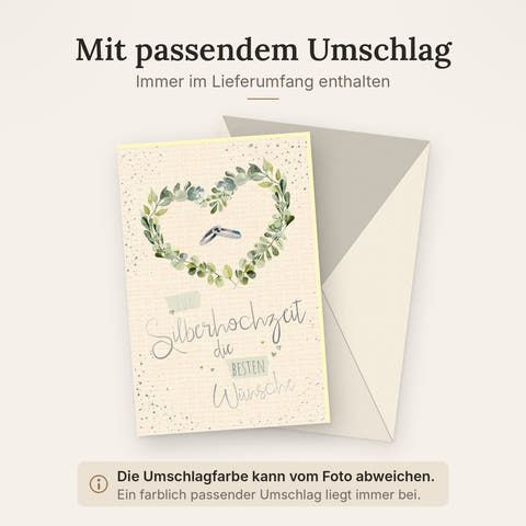Silberhochzeit Glückwunschkarte - Stilvolle Karte aus Zuckerrohrpapier mit Ringen, Herz & Blättern für das 25-jährige Ehejubiläum in Grün-Weiß