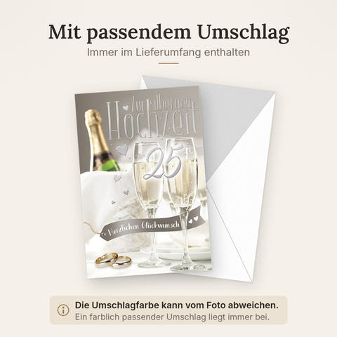 Silberhochzeitskarte Elegant – Champagnergläser mit Herzen und goldenen Ringen