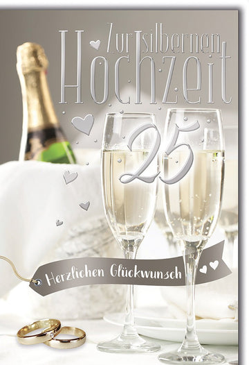 Silberhochzeitskarte Elegant – Champagnergläser mit Herzen und goldenen Ringen