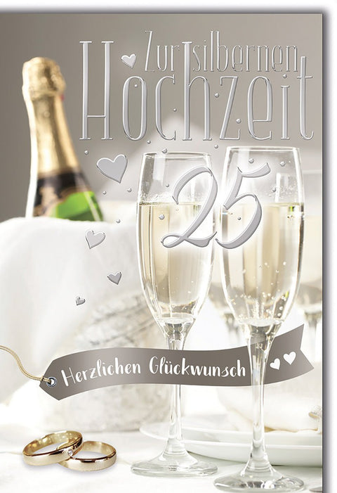 Silberhochzeitskarte Elegant – Champagnergläser mit Herzen und goldenen Ringen